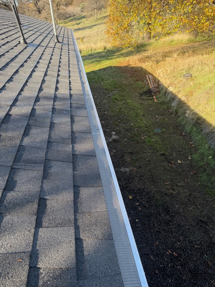 Rain gutter running along a shingle roof edge