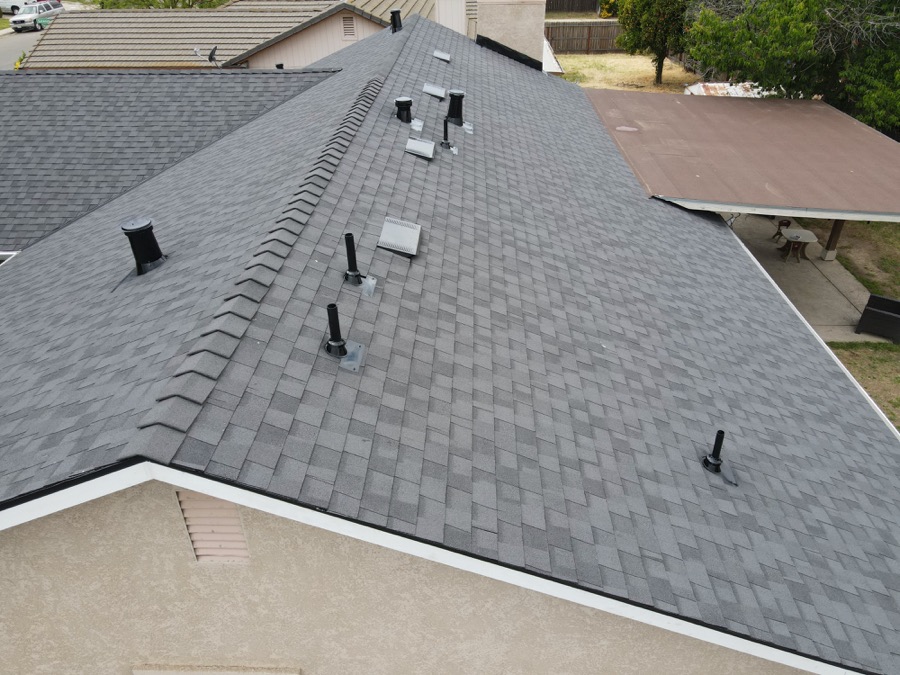 Completed shingle roof seen from a drone