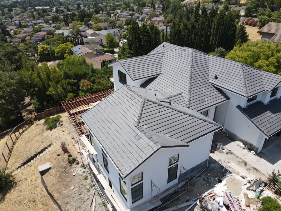 Tile roof on a new home, aerial view